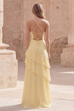 Yellow A Line Lace Up Back Long Bridesmaid Dress with Ruffles