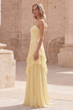 Yellow A Line Lace Up Back Long Bridesmaid Dress with Ruffles