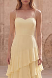 Yellow A Line Lace Up Back Long Bridesmaid Dress with Ruffles