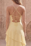 Yellow A Line Lace Up Back Long Bridesmaid Dress with Ruffles