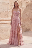 Blush Sequin A Line Strapless Long Prom Dress with Slit
