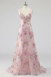 Sparkly Pink Sequin A Line Spaghetti Straps Floral Long Prom Dress