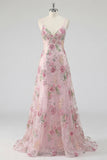 Sparkly Pink Sequin A Line Spaghetti Straps Floral Long Prom Dress