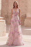 Sparkly Pink Sequin A Line Spaghetti Straps Floral Long Prom Dress