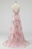 Sparkly Pink Sequin A Line Spaghetti Straps Floral Long Prom Dress