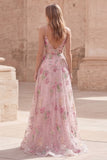 Sparkly Pink Sequin A Line Spaghetti Straps Floral Long Prom Dress