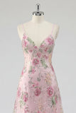Sparkly Pink Sequin A Line Spaghetti Straps Floral Long Prom Dress