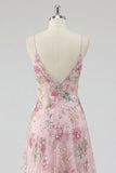 Sparkly Pink Sequin A Line Spaghetti Straps Floral Long Prom Dress