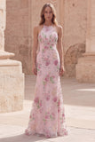 Sparkly Pink Mermaid Floral Open Back Long Prom Dress with Sequins