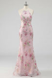 Sparkly Pink Mermaid Floral Open Back Long Prom Dress with Sequins