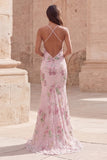 Sparkly Pink Mermaid Floral Open Back Long Prom Dress with Sequins
