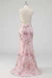 Sparkly Pink Mermaid Floral Open Back Long Prom Dress with Sequins