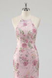 Sparkly Pink Mermaid Floral Open Back Long Prom Dress with Sequins