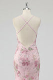 Sparkly Pink Mermaid Floral Open Back Long Prom Dress with Sequins
