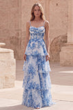 White Blue Flower A Line Corset Tiered Long Prom Dress with Ruffles
