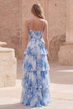White Blue Flower A Line Corset Tiered Long Prom Dress with Ruffles