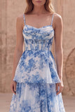 White Blue Flower A Line Corset Tiered Long Prom Dress with Ruffles