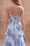 White Blue Flower A Line Corset Tiered Long Prom Dress with Ruffles
