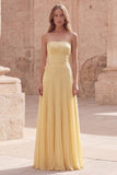 Strapless Yellow Floral A Line Pleated Long Prom Dress