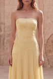 Strapless Yellow Floral A Line Pleated Long Prom Dress