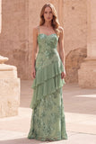 Sage Green Sheath Ruffled Spaghetti Straps Long Prom Dress with Sequins