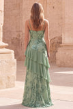 Sage Green Sheath Ruffled Spaghetti Straps Long Prom Dress with Sequins