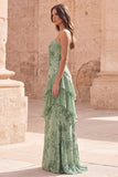 Sage Green Sheath Ruffled Spaghetti Straps Long Prom Dress with Sequins