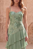 Sage Green Sheath Ruffled Spaghetti Straps Long Prom Dress with Sequins