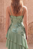 Sage Green Sheath Ruffled Spaghetti Straps Long Prom Dress with Sequins