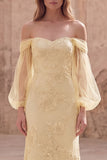 Off the Shoulder Yellow Mermaid Embroidered Long Prom Dress