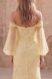Off the Shoulder Yellow Mermaid Embroidered Long Prom Dress