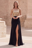 Sparkly Gold and Black One Shoulder Mermaid Long Prom Dress with Slit