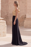 Sparkly Gold and Black One Shoulder Mermaid Long Prom Dress with Slit