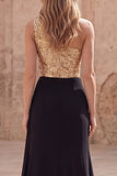 Sparkly Gold and Black One Shoulder Mermaid Long Prom Dress with Slit