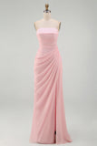 Strapless Light Pink Sheath Ruched Long Prom Dress with Slit
