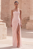 Strapless Light Pink Sheath Ruched Long Prom Dress with Slit