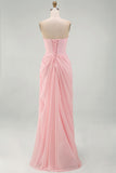 Strapless Light Pink Sheath Ruched Long Prom Dress with Slit