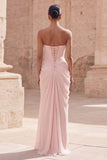 Strapless Light Pink Sheath Ruched Long Prom Dress with Slit