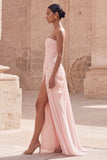 Strapless Light Pink Sheath Ruched Long Prom Dress with Slit