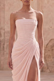 Strapless Light Pink Sheath Ruched Long Prom Dress with Slit