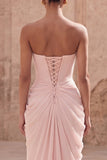 Strapless Light Pink Sheath Ruched Long Prom Dress with Slit