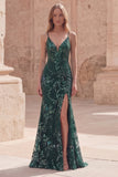 Dark Green Beaded Mermaid Sequin Long Prom Dress with Slit