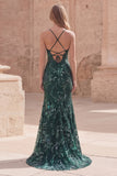 Dark Green Beaded Mermaid Sequin Long Prom Dress with Slit