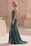 Dark Green Beaded Mermaid Sequin Long Prom Dress with Slit