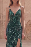 Dark Green Beaded Mermaid Sequin Long Prom Dress with Slit