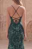 Dark Green Beaded Mermaid Sequin Long Prom Dress with Slit