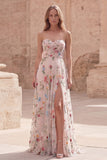 Ivory Floral Strapless A Line Embroidered Long Prom Dress with Slit