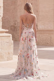 Ivory Floral Strapless A Line Embroidered Long Prom Dress with Slit