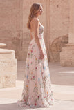 Ivory Floral Strapless A Line Embroidered Long Prom Dress with Slit