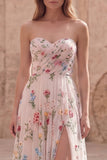 Ivory Floral Strapless A Line Embroidered Long Prom Dress with Slit